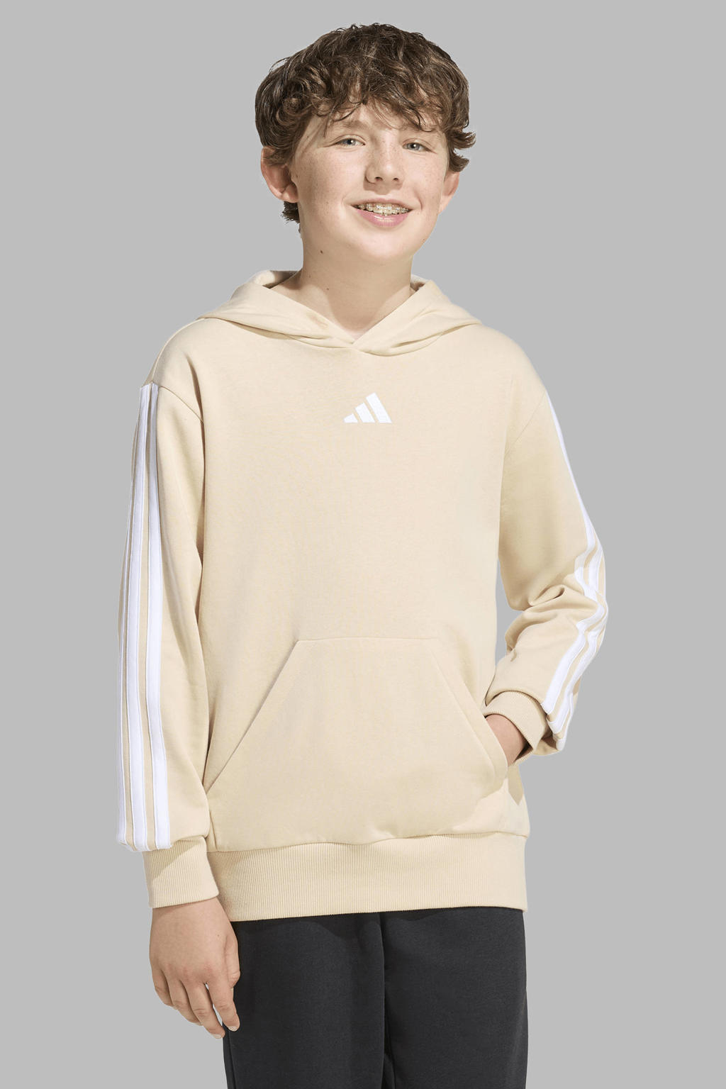 Ecru jongens en meisjes adidas Sportswear hoodie met effen, lange mouwen en capuchon