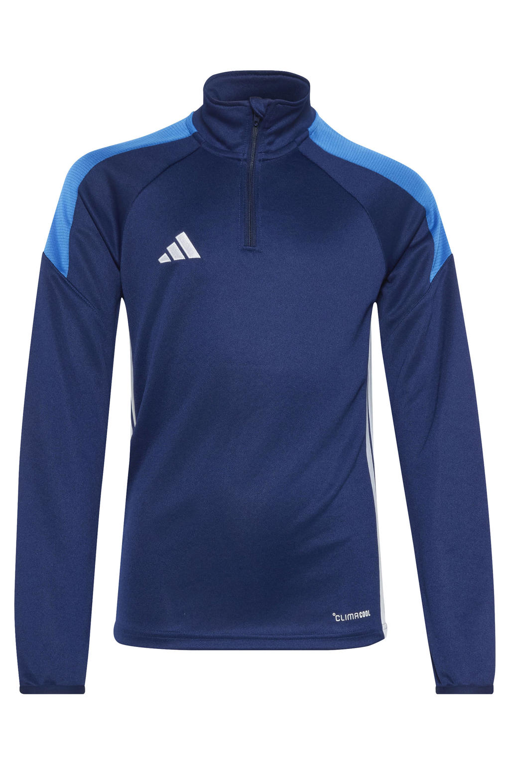 Blauwe jongens en meisjes adidas Performance voetbalshirt Tiro van polyester met lange mouwen, opstaande kraag en halve rits