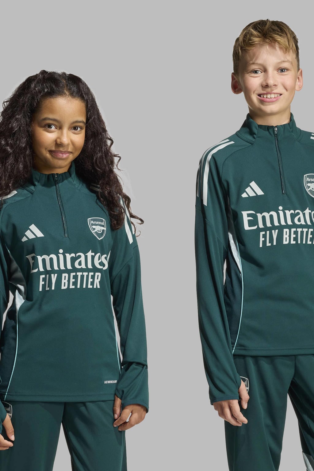 Groen en witte jongens en meisjes adidas Performance Junior Arsenal FC voetbalshirt Training van polyester met lange mouwen, opstaande kraag en halve rits