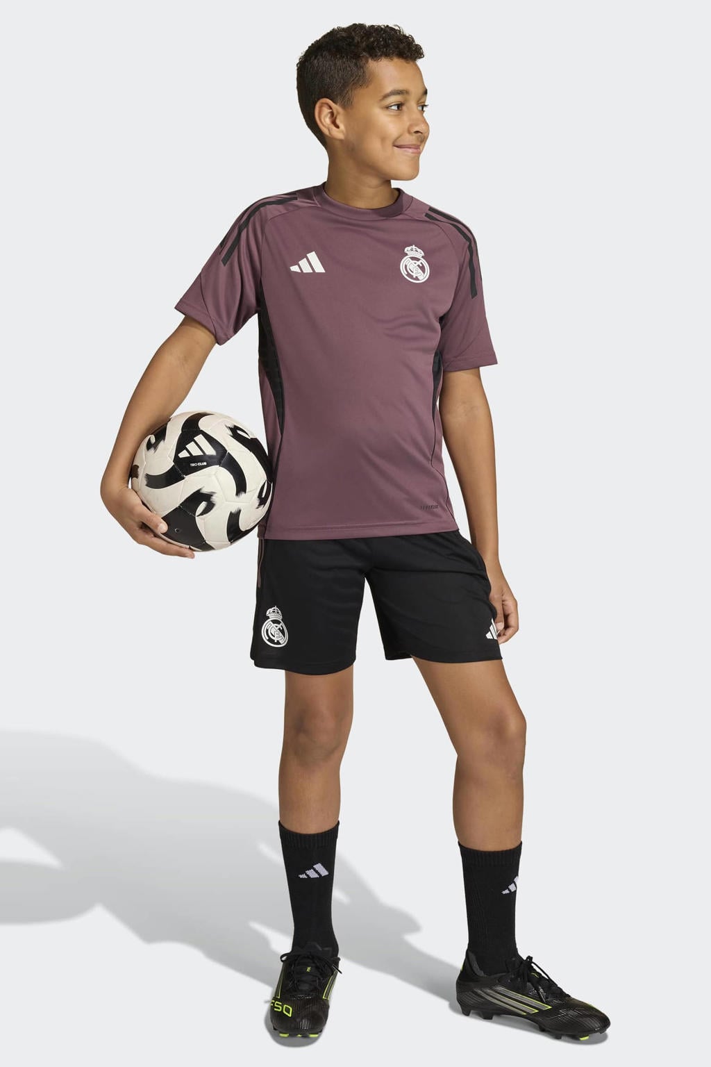 Roodbruine jongens en meisjes adidas Performance Junior Real Madrid voetbalshirt Training van polyester met korte mouwen en ronde hals