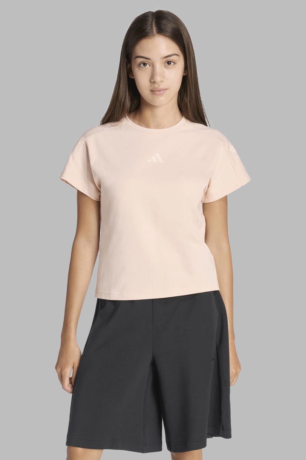 Roze meisjes adidas Sportswear sportshirt van katoen met effen, korte mouwen en ronde hals