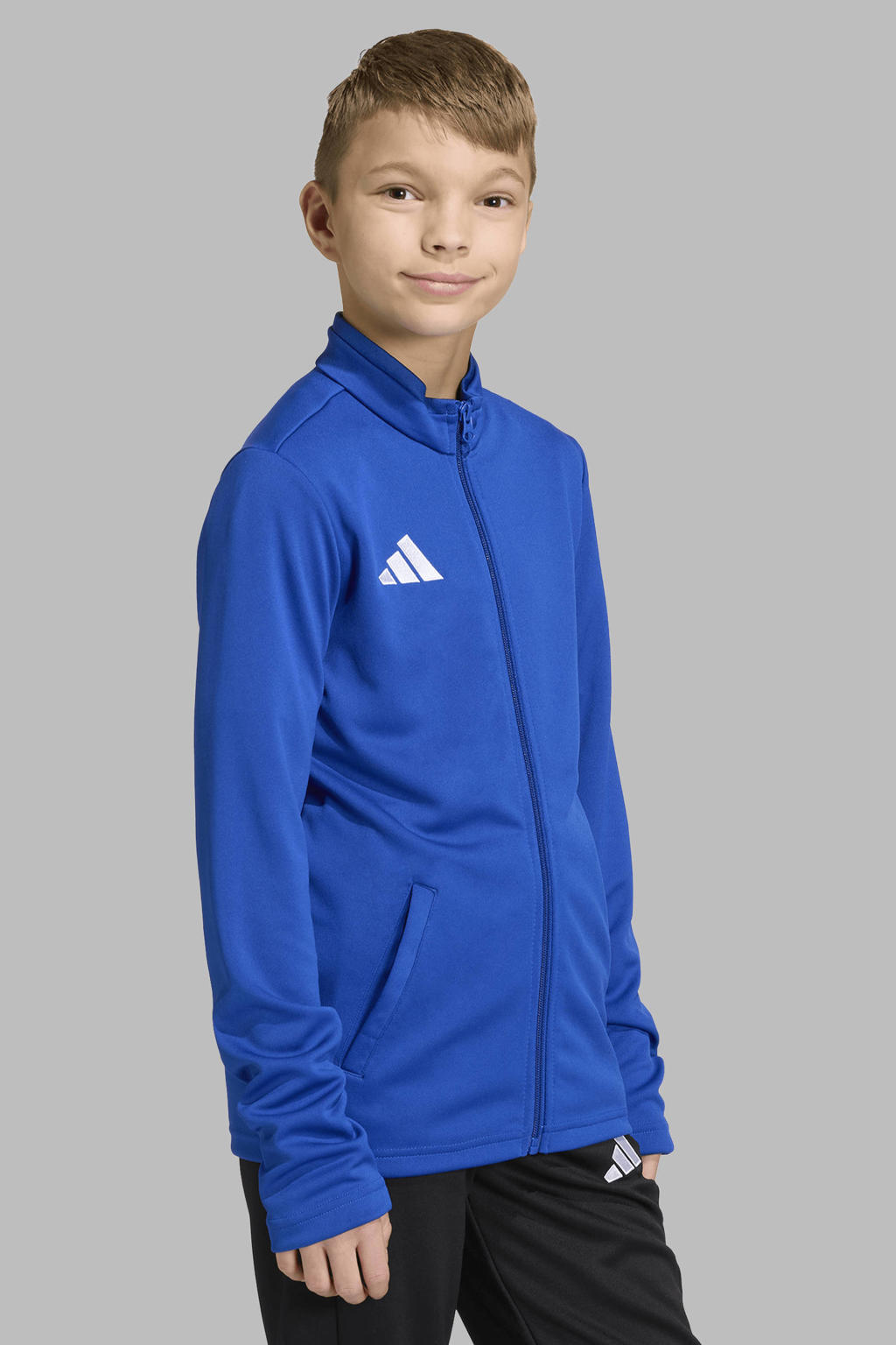 Blauwe jongens en meisjes adidas Performance trainingsjack Entrada26 van polyester met effen, lange mouwen, opstaande kraag en ritssluiting