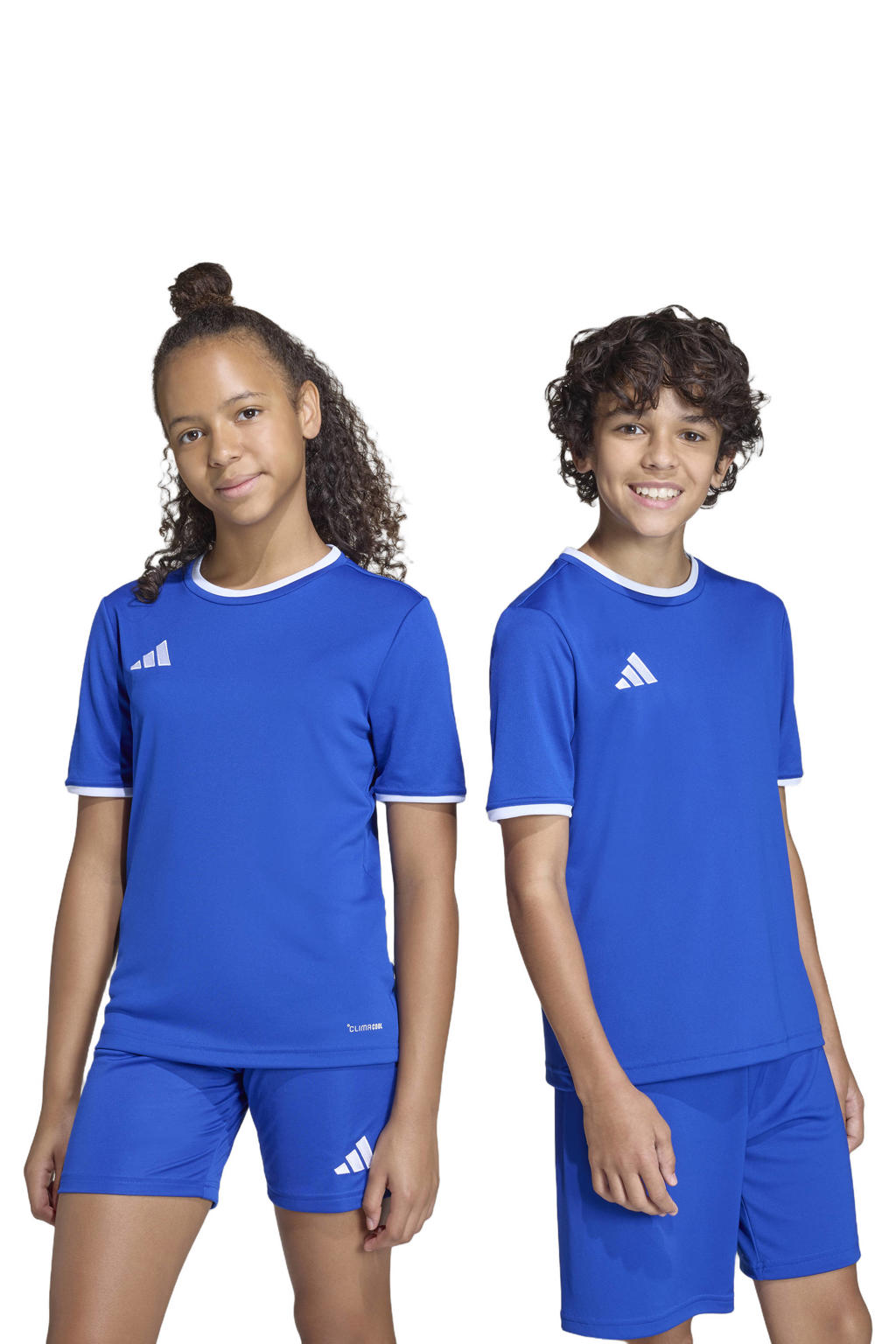 Blauwe jongens en meisjes adidas Performance junior voetbalshirt Entrada26 van polyester met effen, korte mouwen en ronde hals