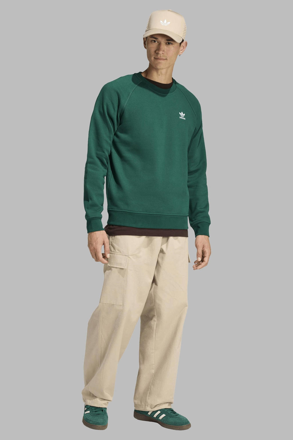 Groene heren adidas Originals fleece sweater met logo dessin, lange mouwen en ronde hals