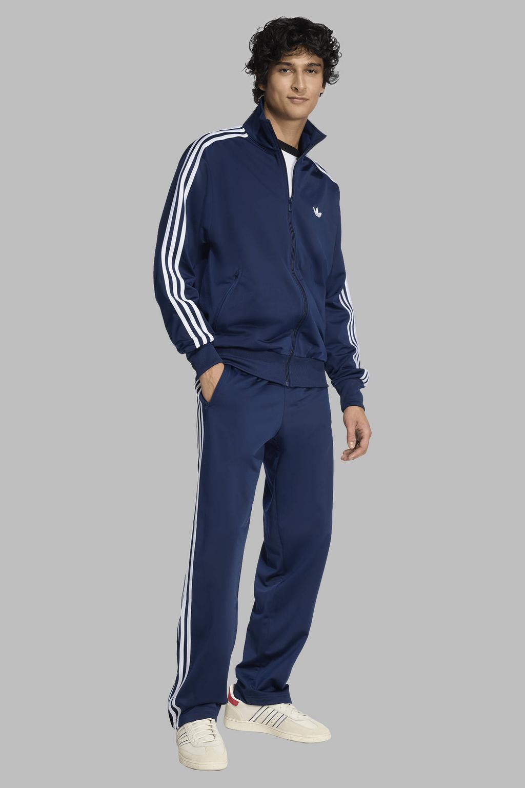 Donkerblauwe heren adidas Originals trainingsjack Firebird van polyester met strepenprint, lange mouwen, opstaande kraag en ritssluiting