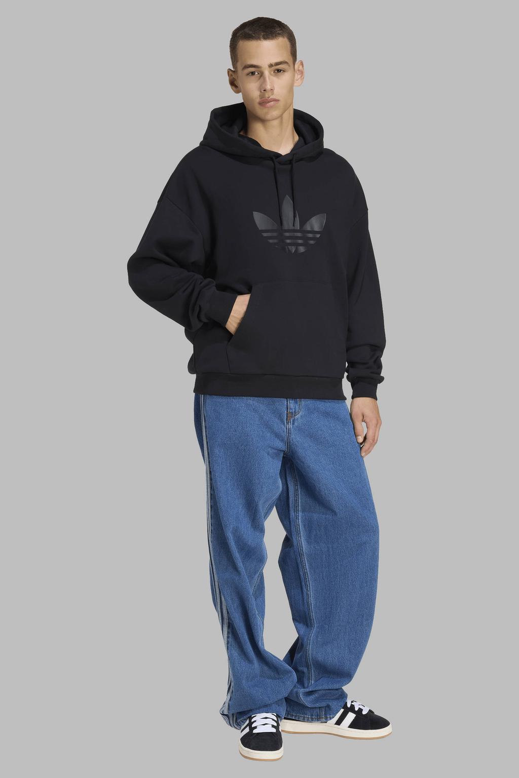 Zwart en witte heren adidas Originals hoodie Trefoil van sweat materiaal met logo dessin, lange mouwen en capuchon