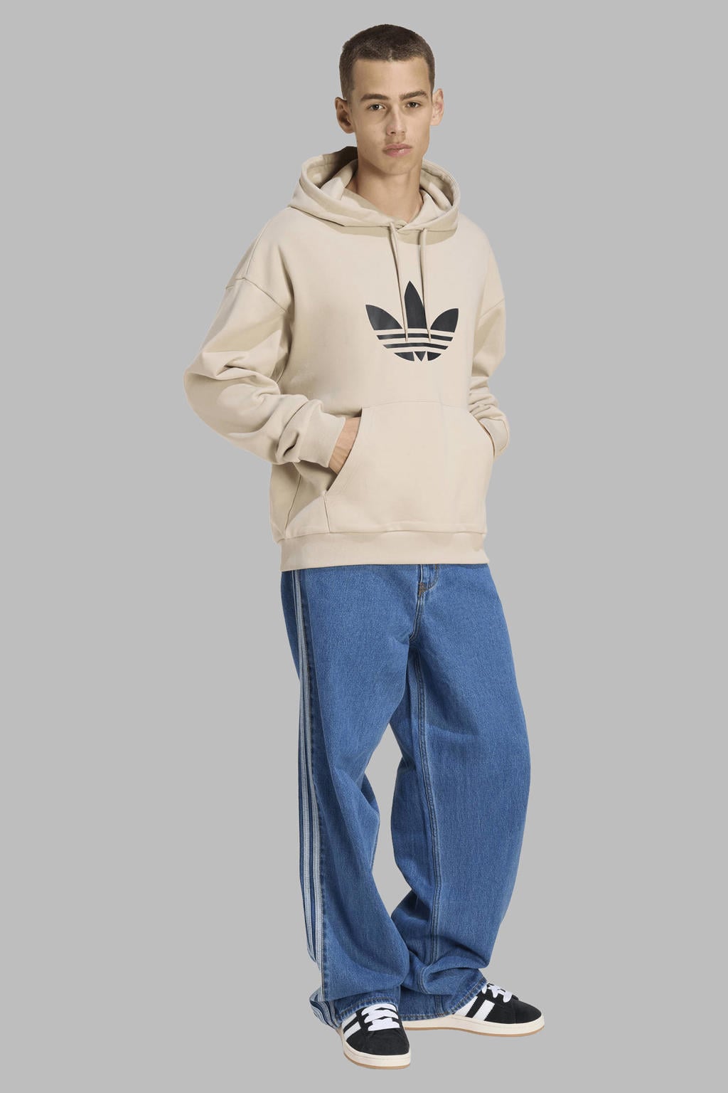 Beige heren adidas Originals hoodie Trefoil van sweat materiaal met logo dessin, lange mouwen en capuchon