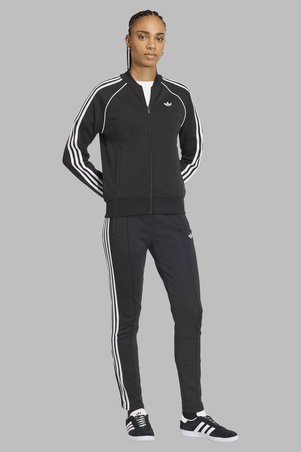 Zwart en witte dames adidas Originals trainingsjack van sweat materiaal met meerkleurige print, lange mouwen, ronde hals en ritssluiting