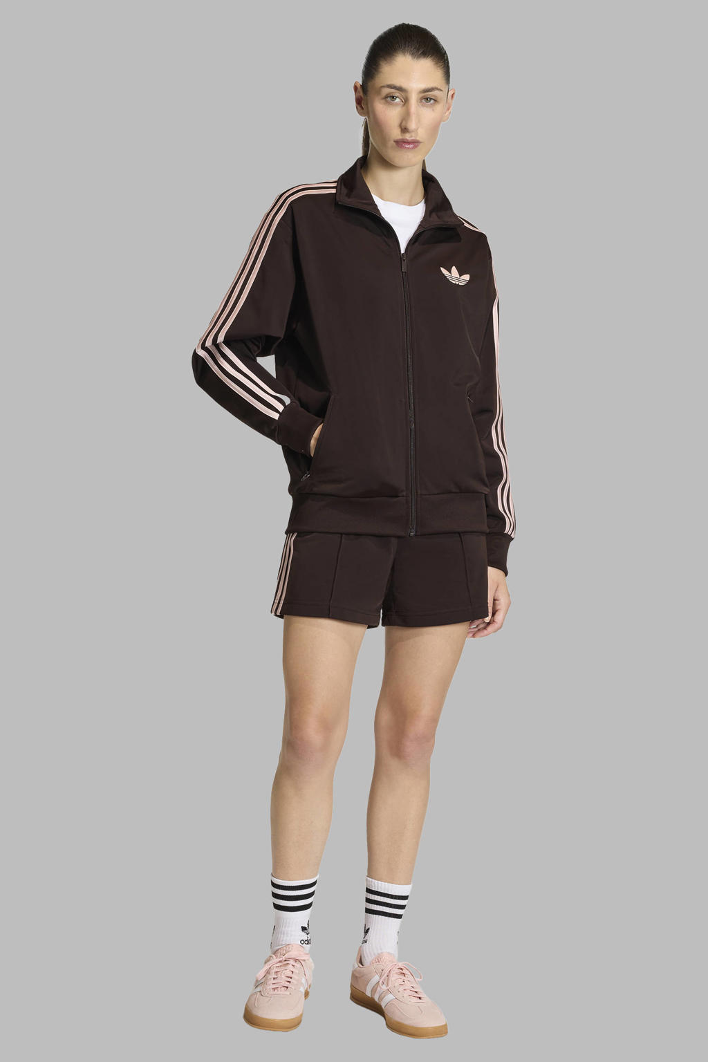 Bruin, donkerbruin en roze dames adidas Originals vest met effen, lange mouwen, opstaande kraag en ritssluiting