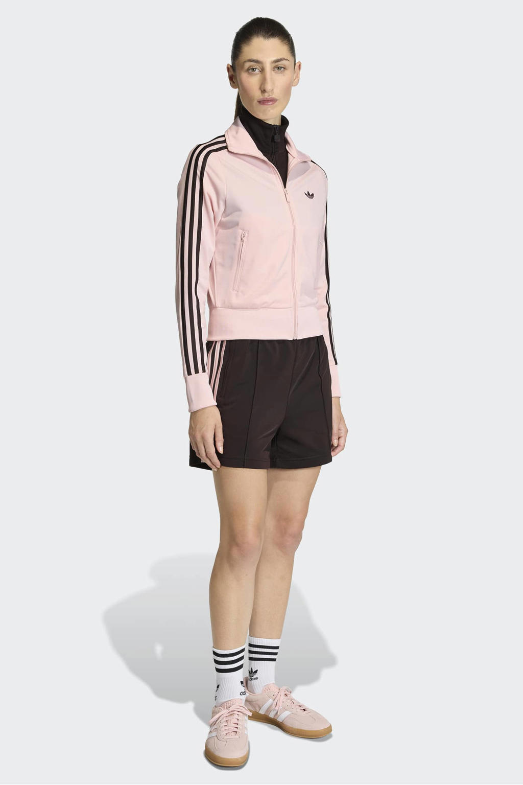 Lichtroze en bruine dames adidas Originals Firebird trainingsjack Classic van polyester met meerkleurige print, lange mouwen, opstaande kraag en ritssluiting