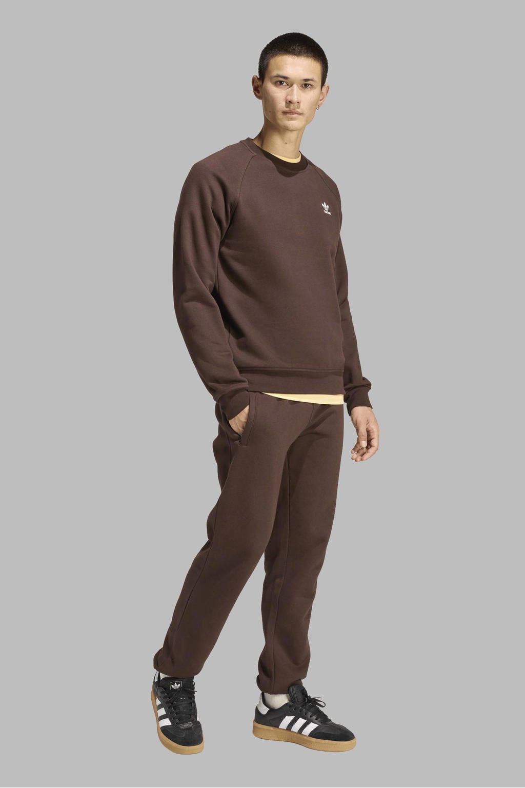 Bruine heren adidas Originals fleece sweater met logo dessin, lange mouwen en ronde hals