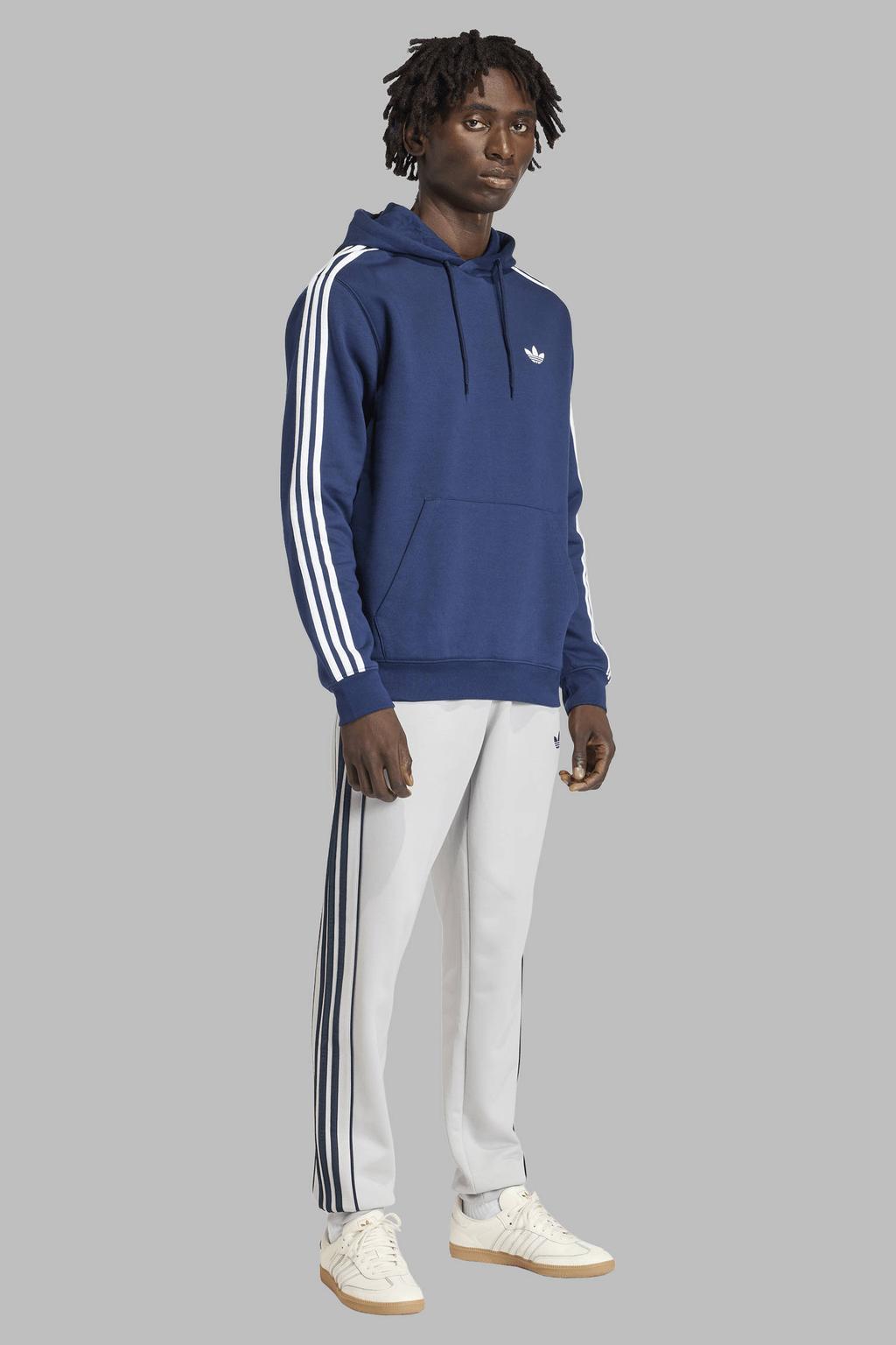 Blauwe heren adidas Originals hoodie van sweat materiaal met effen, lange mouwen, capuchon en elastische tailleband met koord