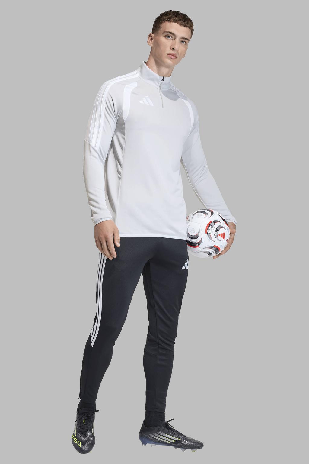 Grijze heren adidas Performance voetbalshirt Tiro van polyester met lange mouwen, opstaande kraag en ritssluiting