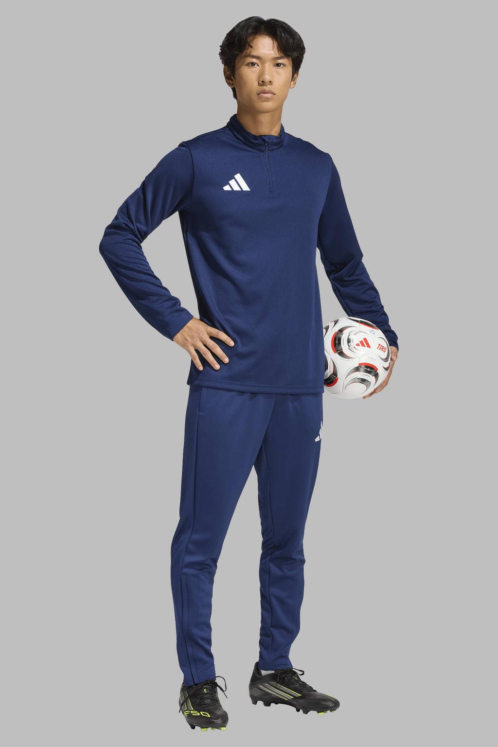 Donkerblauwe heren adidas Performance Entrada26 voetbalshirt van polyester met effen, lange mouwen, opstaande kraag en halve rits