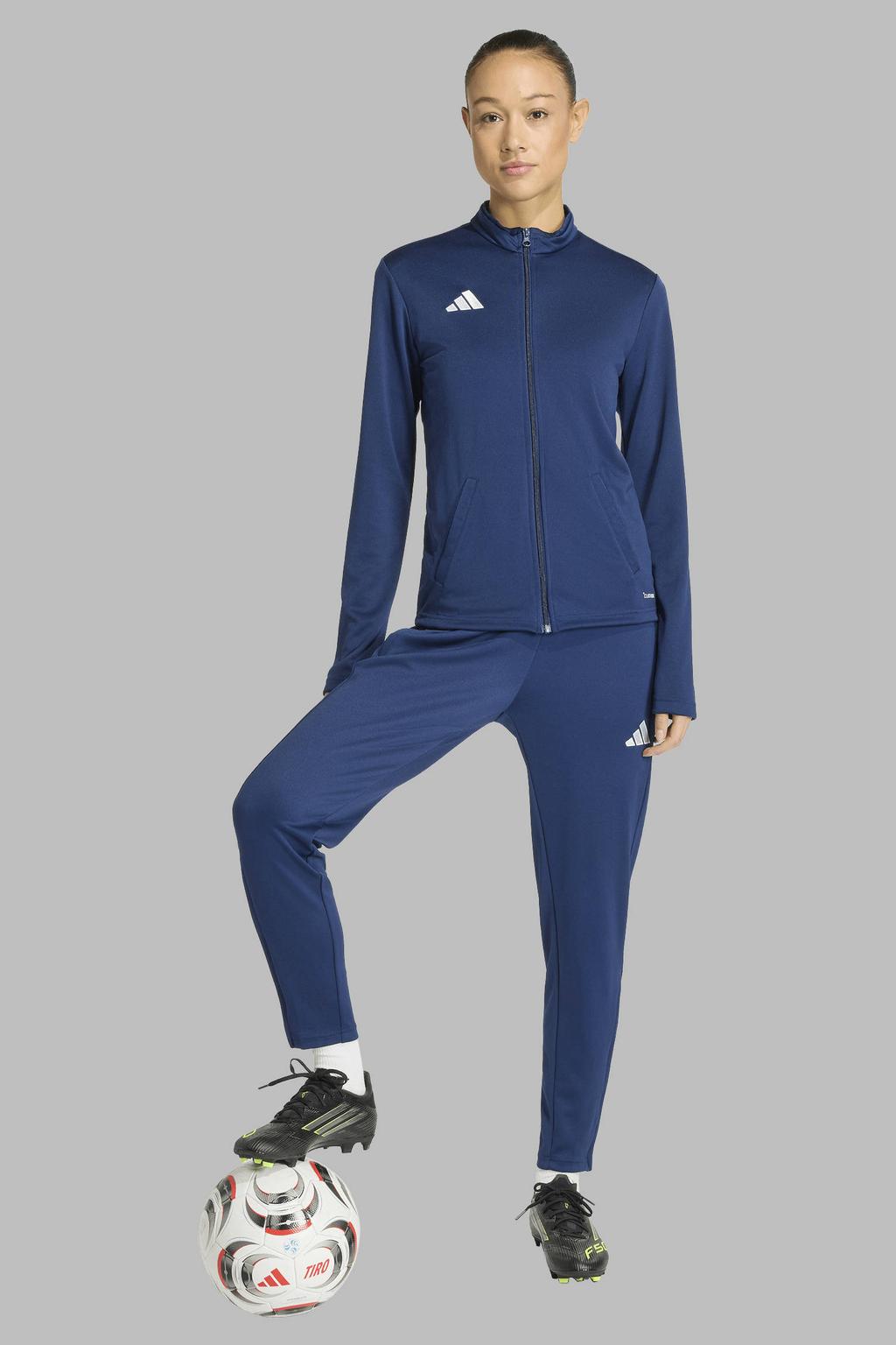 Donkerblauwe dames adidas Performance senior jack Entrada26 van polyester met lange mouwen, opstaande kraag en ritssluiting