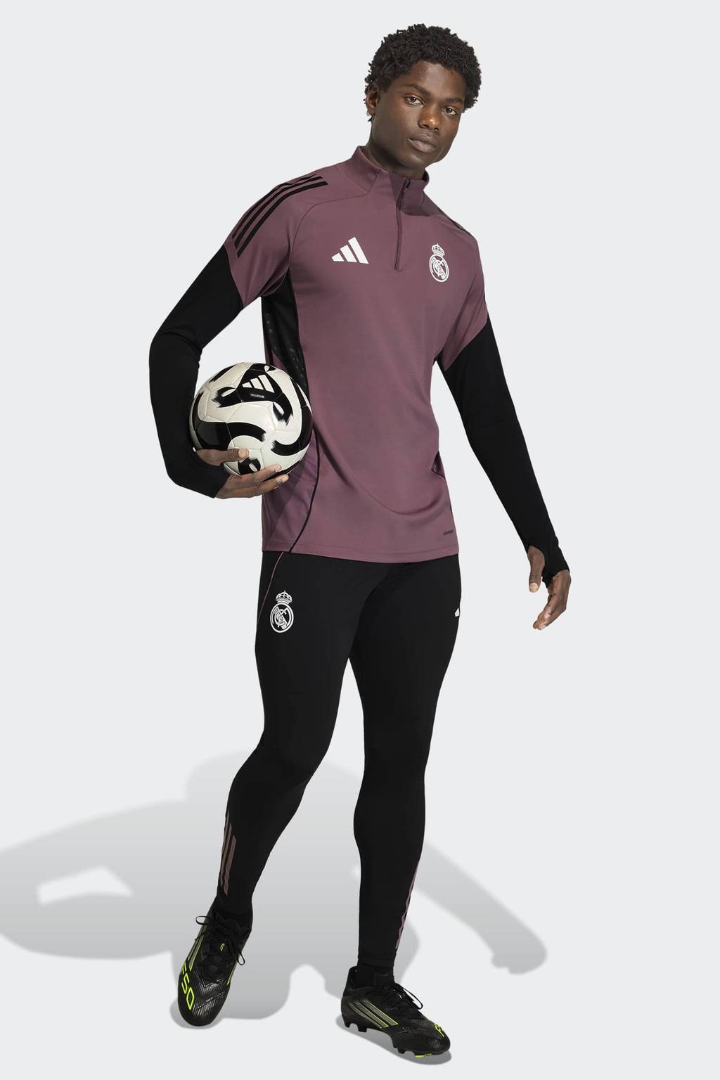 Roodbruine heren adidas Performance Senior Real Madrid voetbalshirt Training van polyester met lange mouwen, opstaande kraag en halve rits