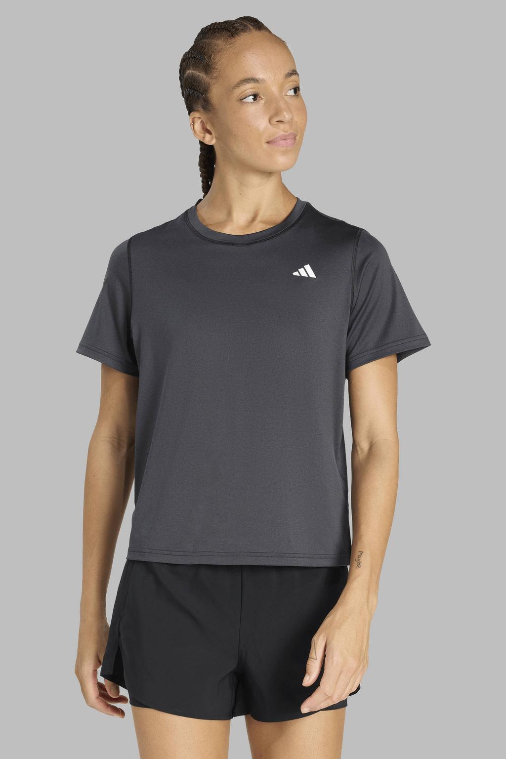 Zwarte dames adidas Performance sportshirt Workout Essentials van polyester met effen, korte mouwen en ronde hals