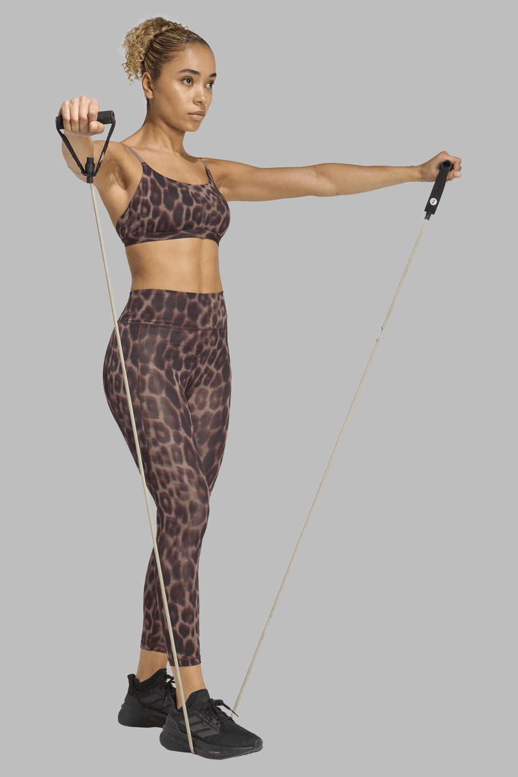 Bruin en zwarte dames adidas Performance sportlegging Optimé van polyester met slim fit, regular waist en dierenprint
