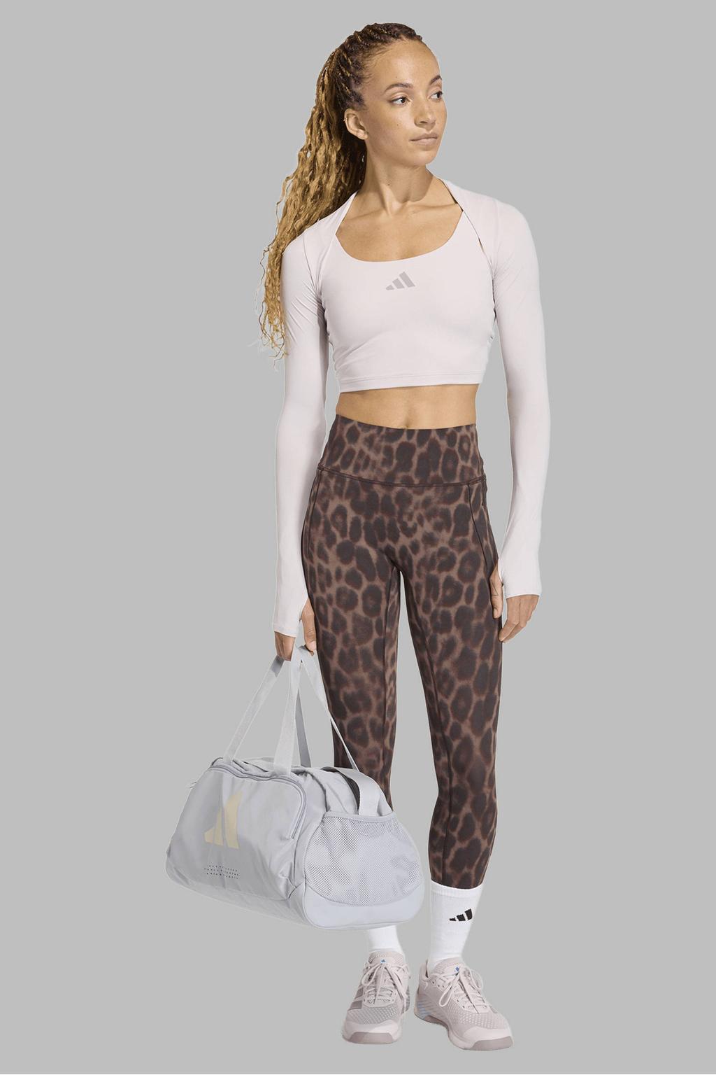 Bruin en zwarte dames adidas Performance sportlegging Optimé Power van polyester met slim fit, high waist en panterprint