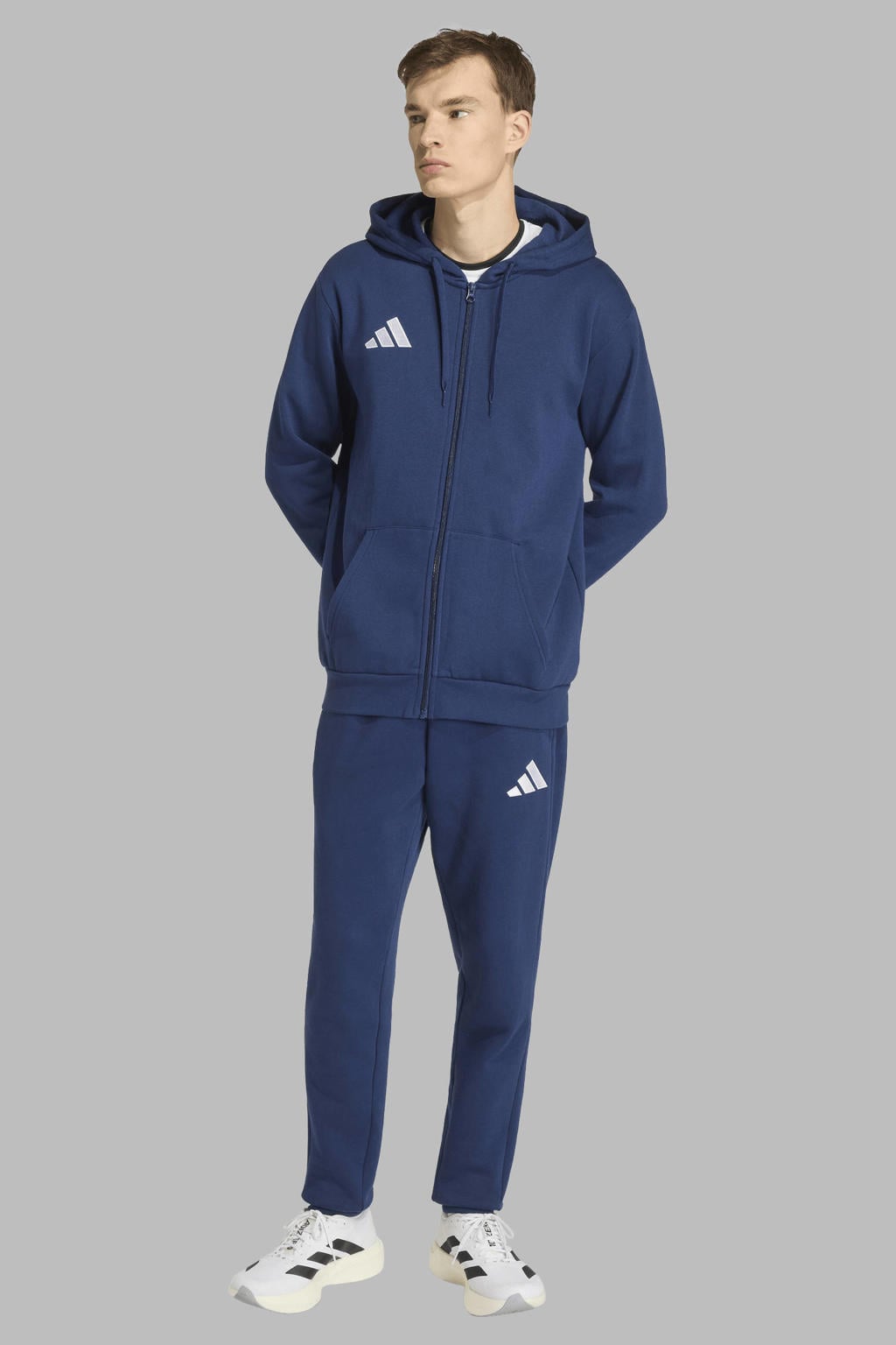 Donkerblauwe heren adidas Performance Senior sportvest Entrada26 van sweat materiaal met effen, lange mouwen, capuchon en ritssluiting