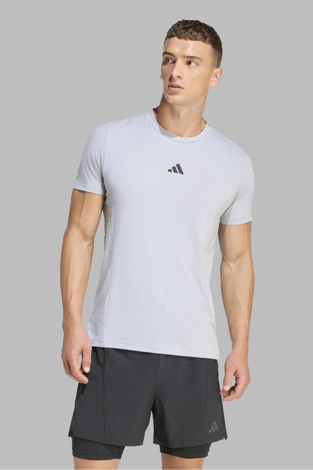 Grijze heren adidas Performance sportshirt van polyester met logo dessin, korte mouwen en ronde hals