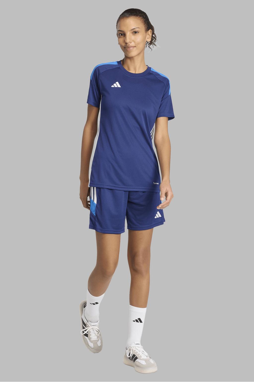 Blauwe dames adidas Performance voetbalshirt Tiro van polyester met korte mouwen