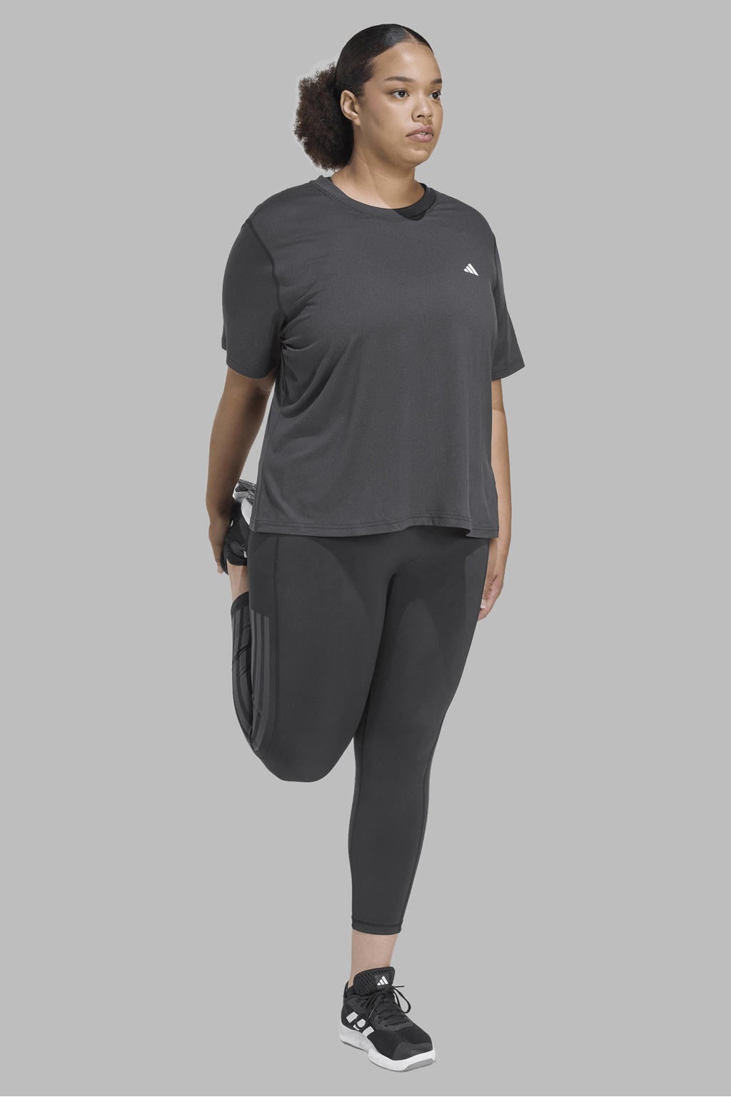 Zwarte dames adidas Performance Plus Size sportshirt van polyester met effen en korte mouwen
