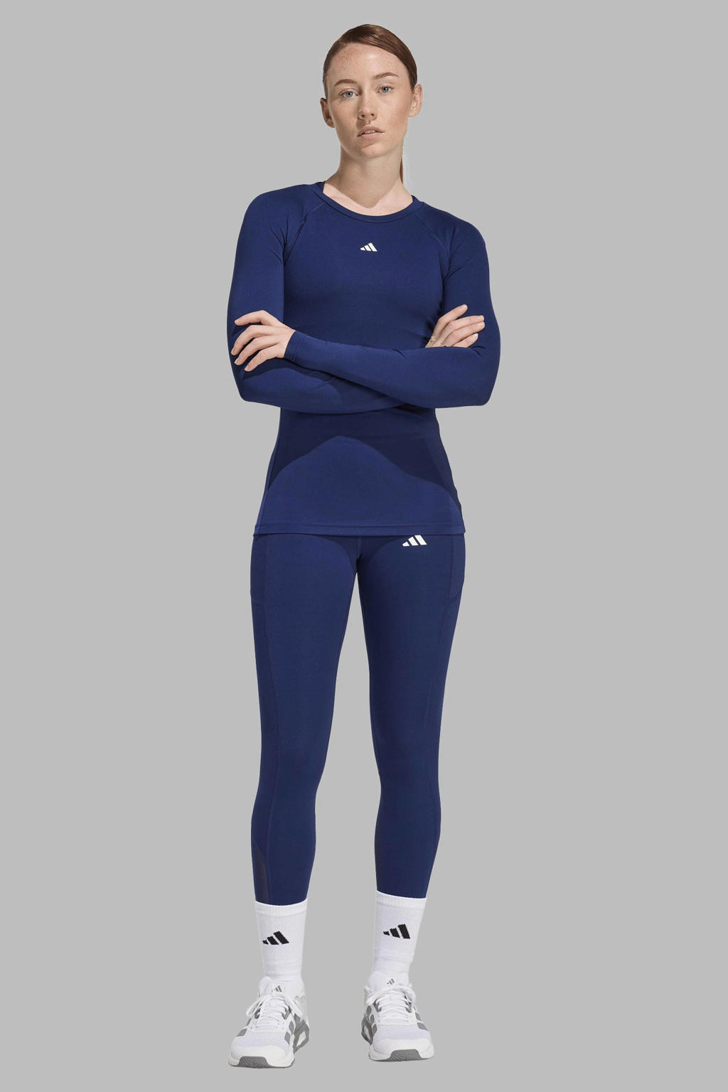 Donkerblauwe dames adidas Performance sportlegging Stash van polyester met slim fit, high waist en logo dessin