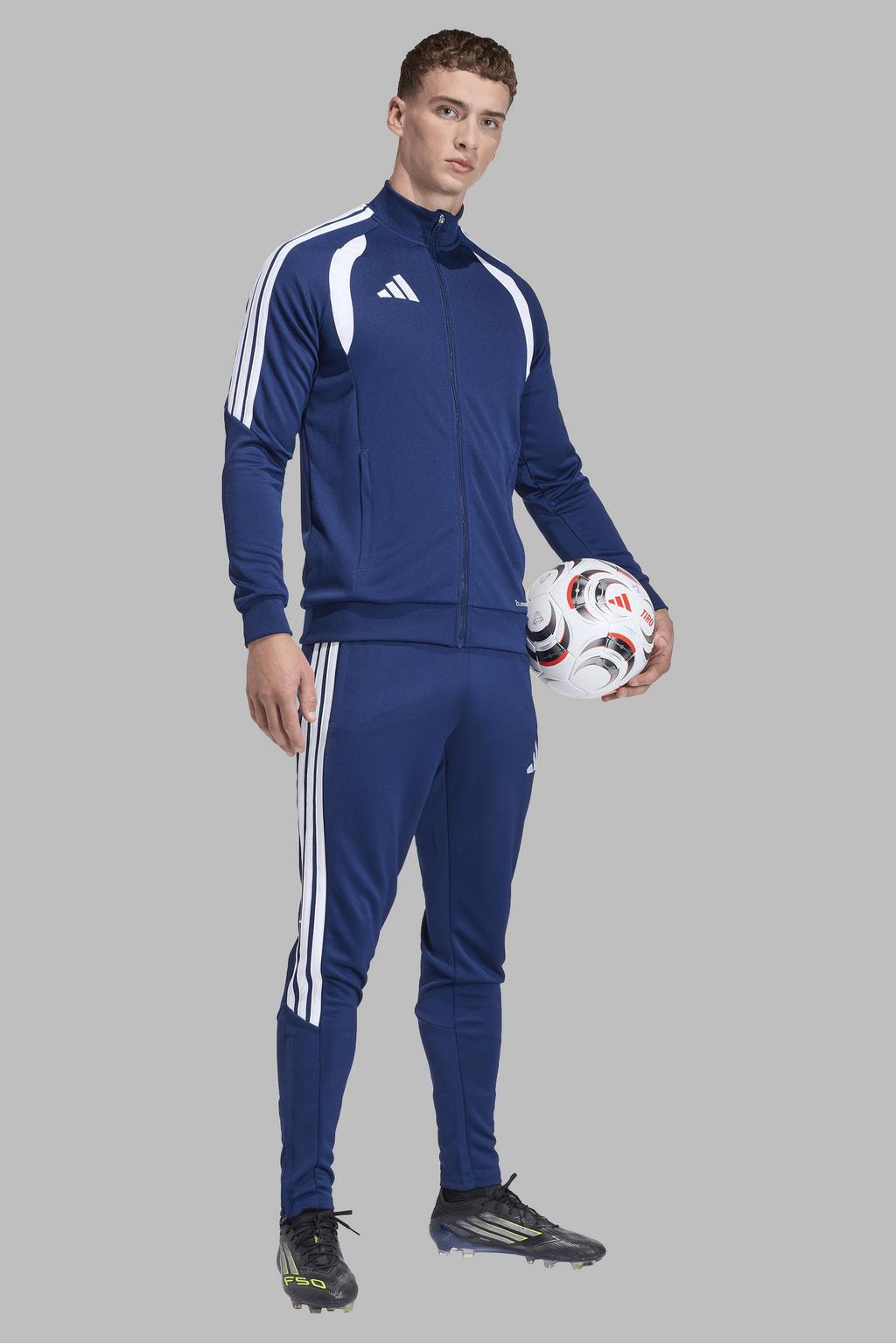 Donkerblauwe heren adidas Performance Senior trainingsjack Tiro26 van polyester met lange mouwen, opstaande kraag en ritssluiting