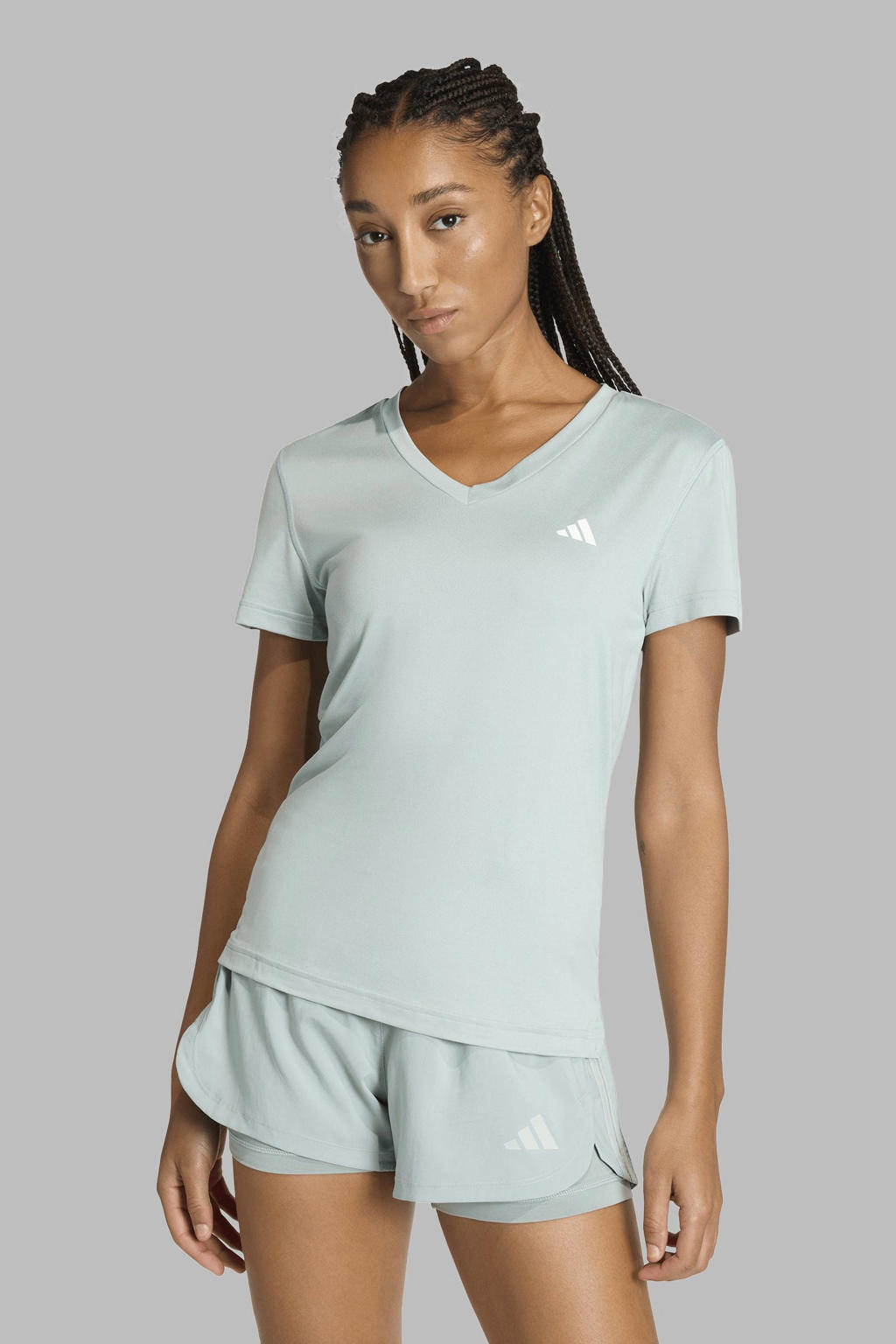 Mintgroene dames adidas Performance sportshirt Workout Essentials van polyester met effen en korte mouwen