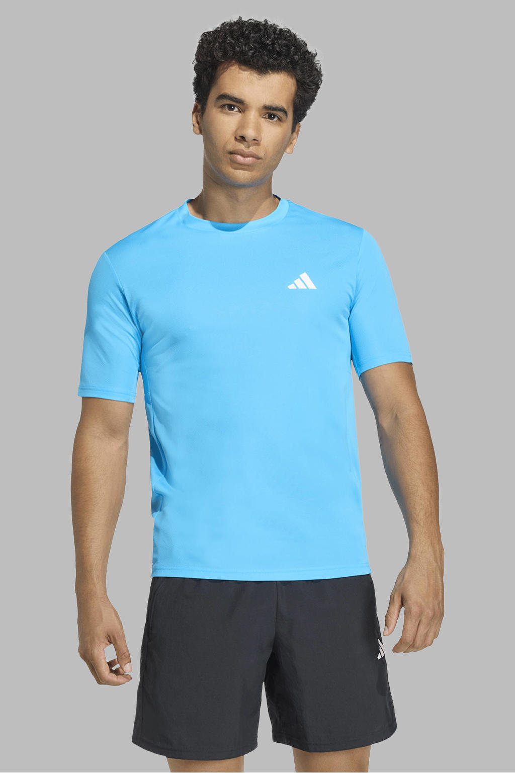 Blauwe heren adidas Performance sportshirt van polyester met korte mouwen en ronde hals