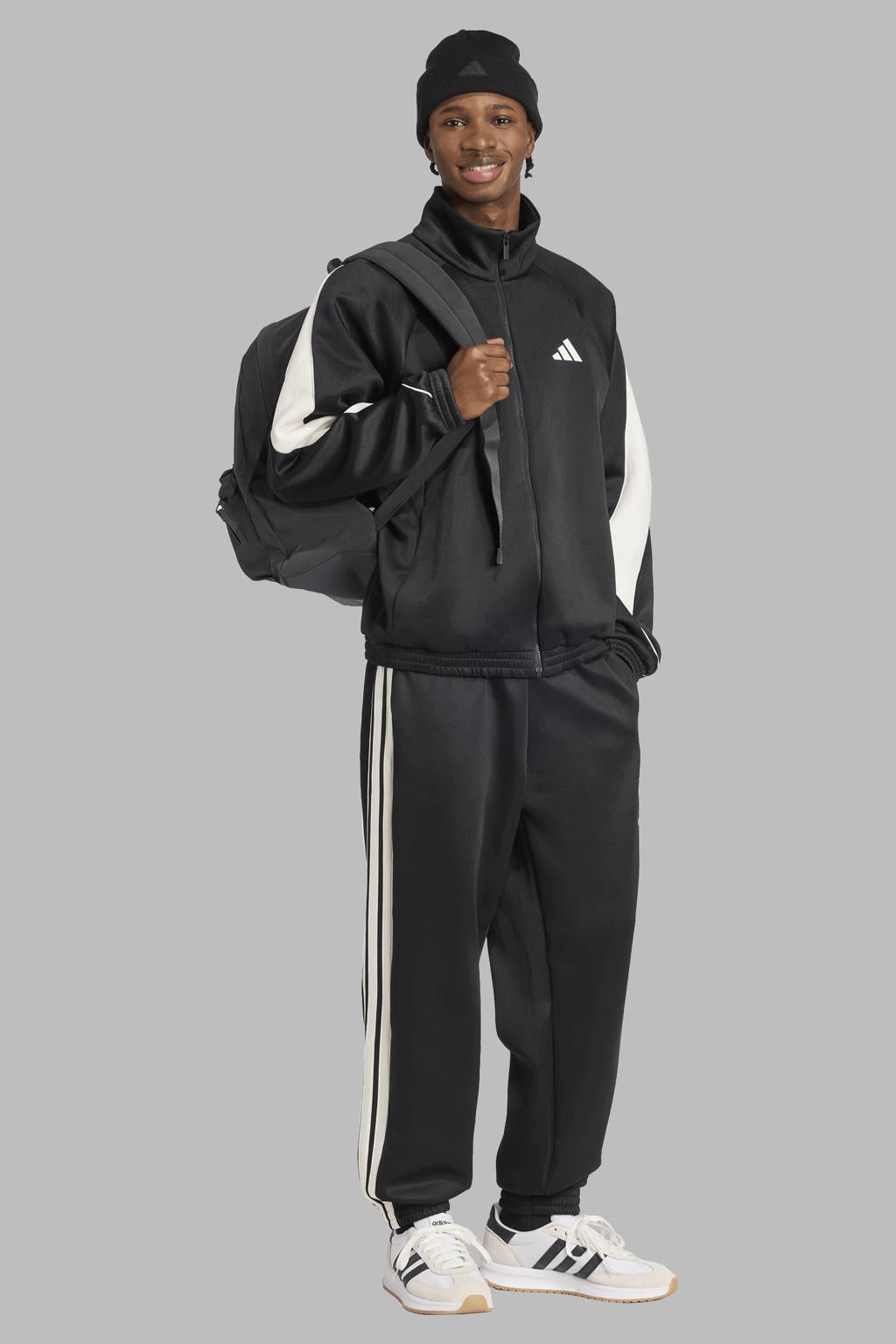 Zwart en witte heren adidas Sportswear trainingsjack Stadium van polyester met lange mouwen, opstaande kraag en ritssluiting