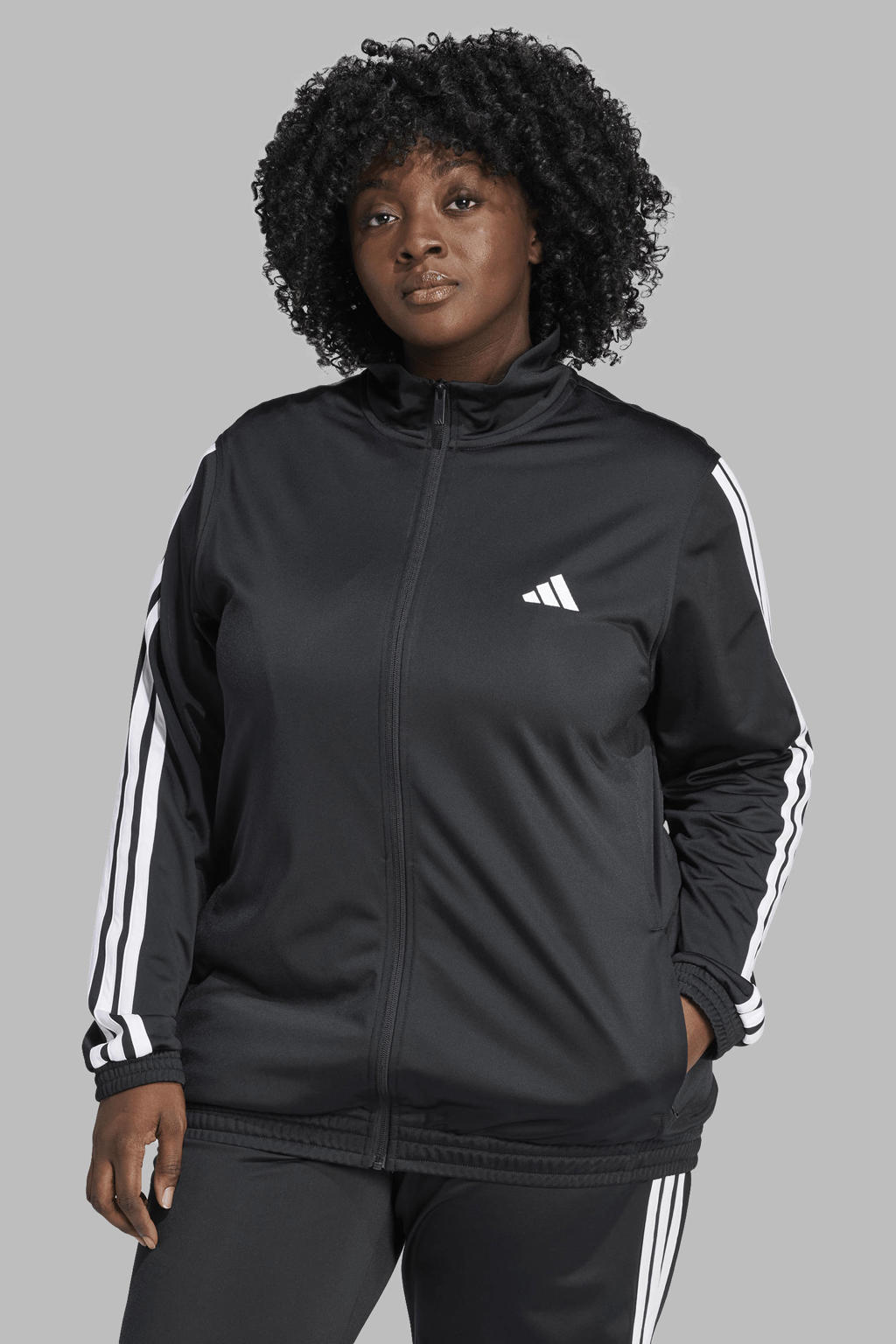 Zwart en witte dames adidas Sportswear plus size sportvest van polyester met effen, lange mouwen, opstaande kraag en ritssluiting