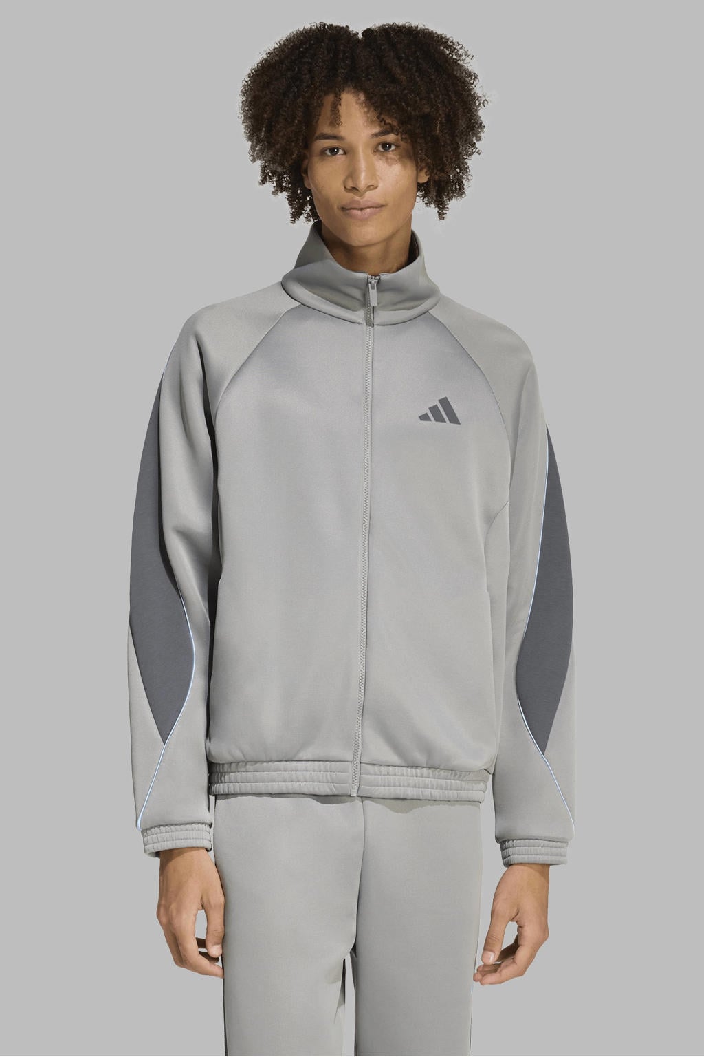 Grijze heren adidas Sportswear trainingsjack Stadium van polyester met lange mouwen, opstaande kraag en ritssluiting