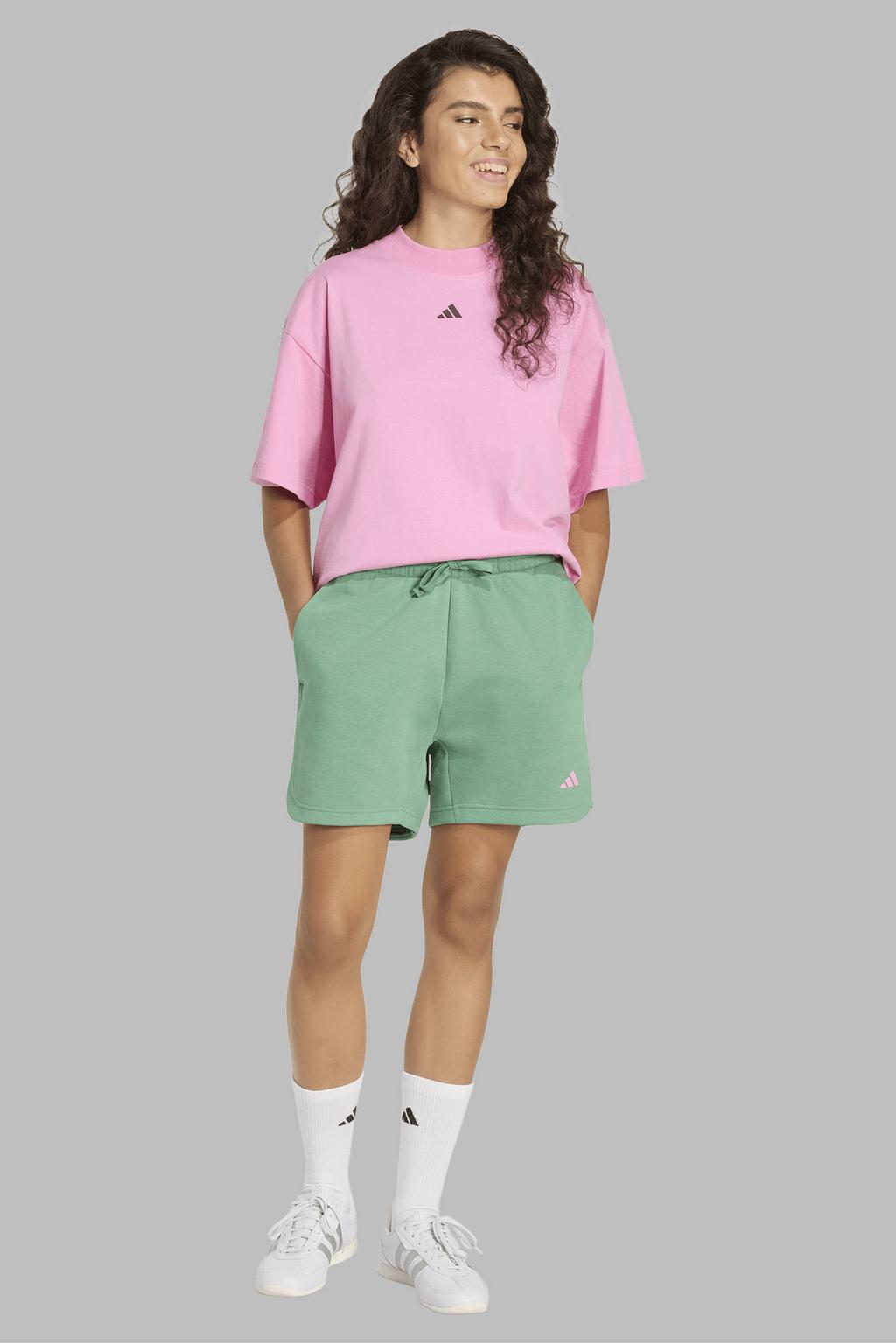 Roze en donkerrode dames adidas Sportswear T-shirt Studio van katoen met backprint, korte mouwen en ronde hals