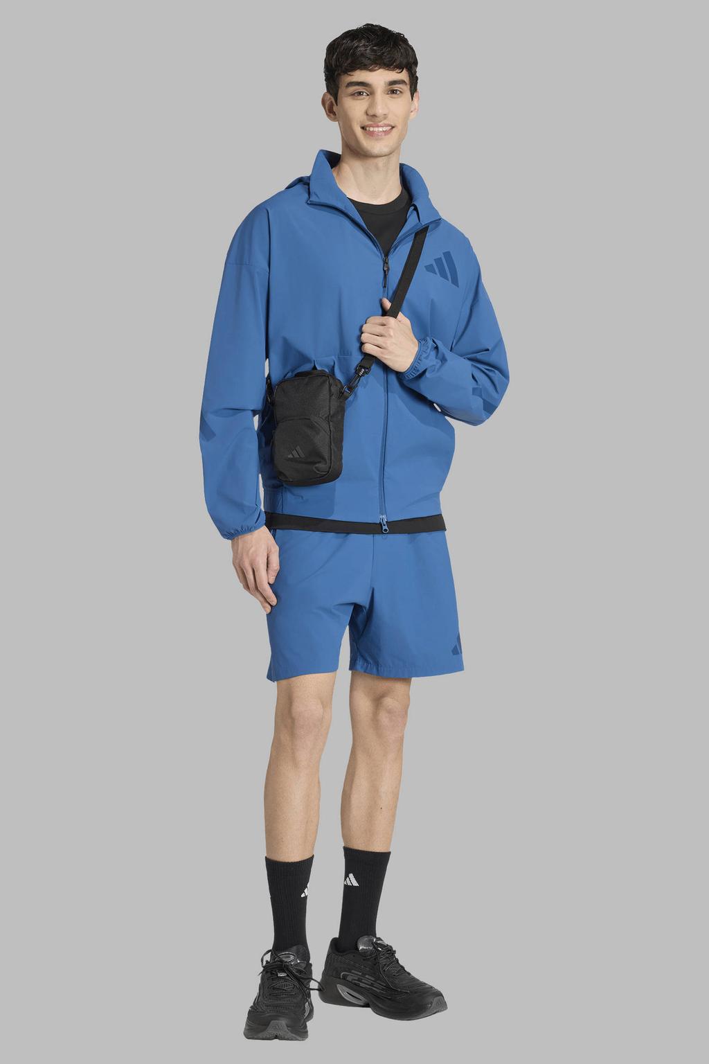 Blauwe heren adidas Sportswear zomerjas van polyamide met effen, lange mouwen, capuchon en ritssluiting
