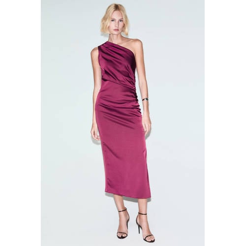 Mango satijnen one shoulder jurk fuchsia afbeelding