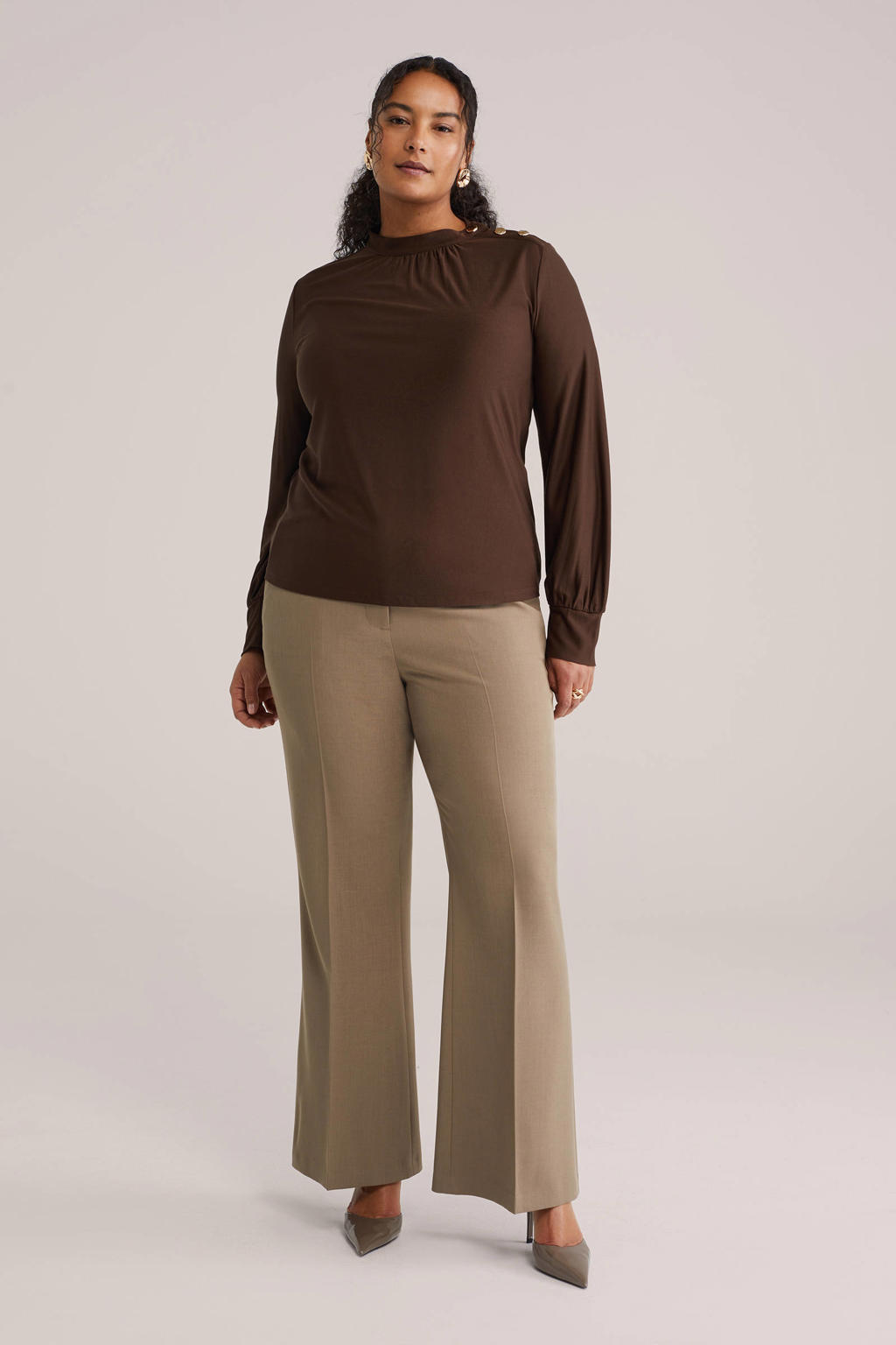 Donkerblauwe dames WE Fashion Curve top van viscose met effen, lange mouwen en plooien