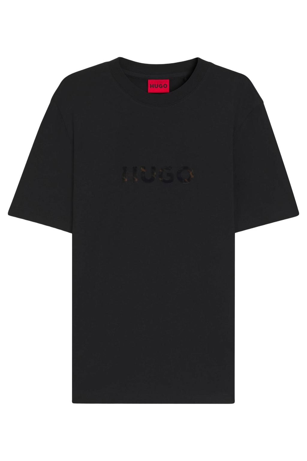 Zwarte heren HUGO regular T-shirt van katoen met logo dessin, korte mouwen en ronde hals
