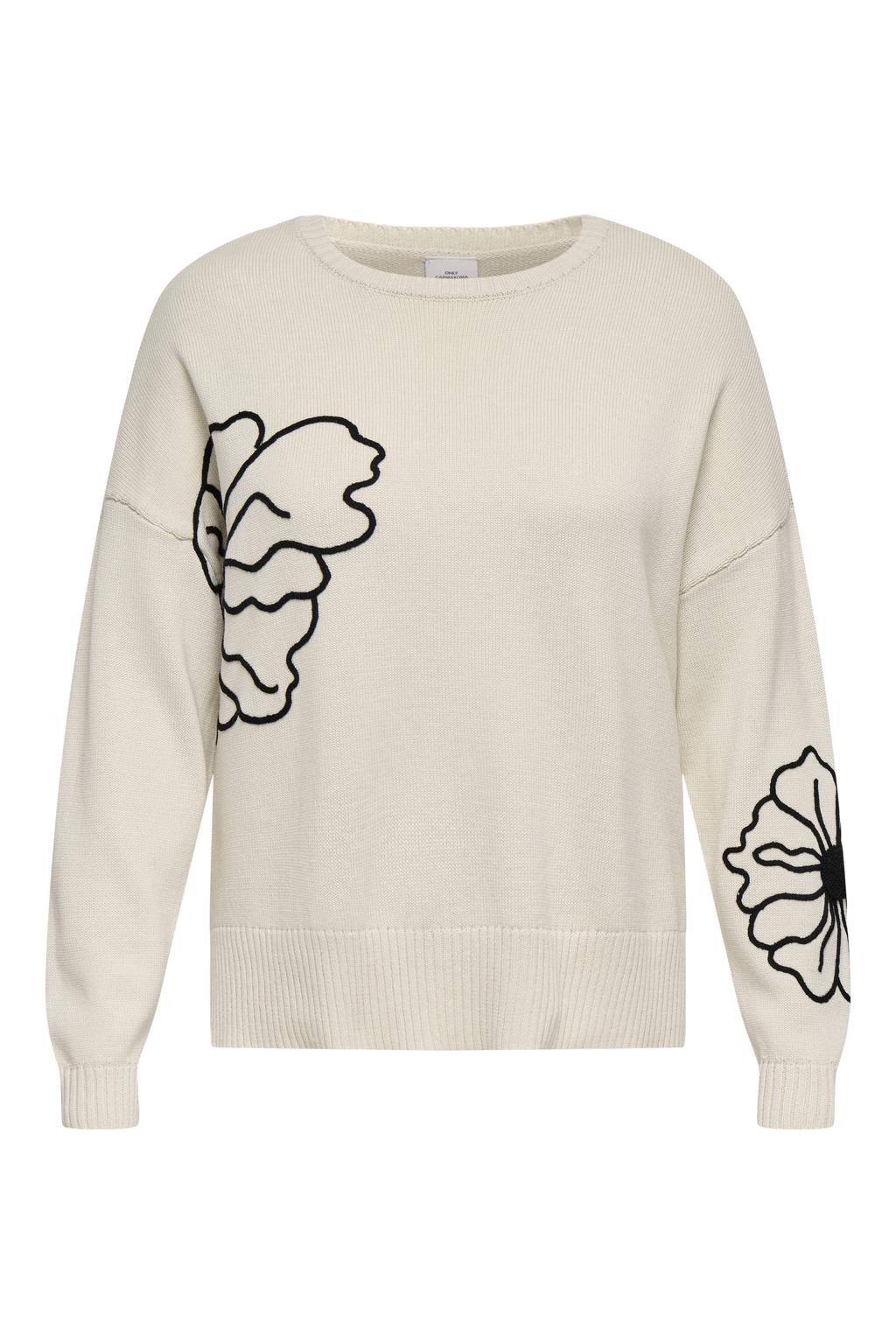 Ecru en zwarte dames ONLY CARMAKOMA gebloemde gebreide trui van acryl met lange mouwen, ronde hals en borduursels
