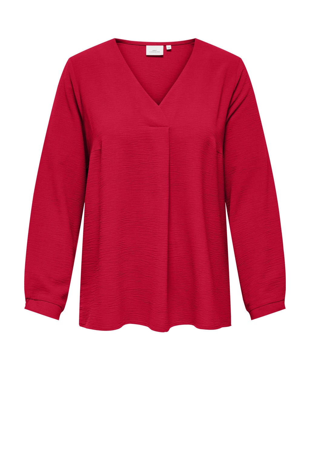 Rode dames ONLY CARMAKOMA blousetop van polyester met effen, lange mouwen, V-hals en geweven detail