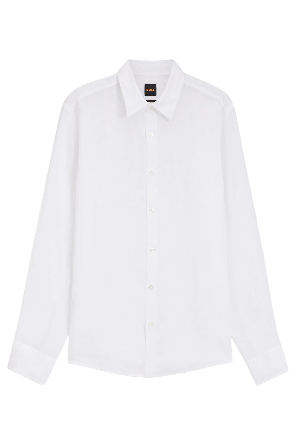 Witte heren BOSS regular casual overhemd van linnen met effen, lange mouwen, klassieke kraag en knoopsluiting