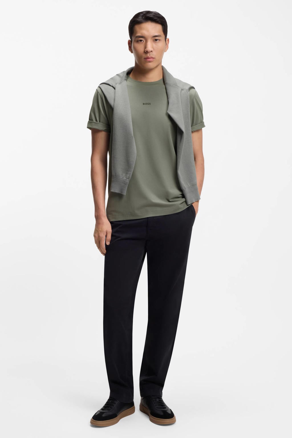 Grijsgroene heren BOSS regular T-shirt groen van katoen met effen en korte mouwen