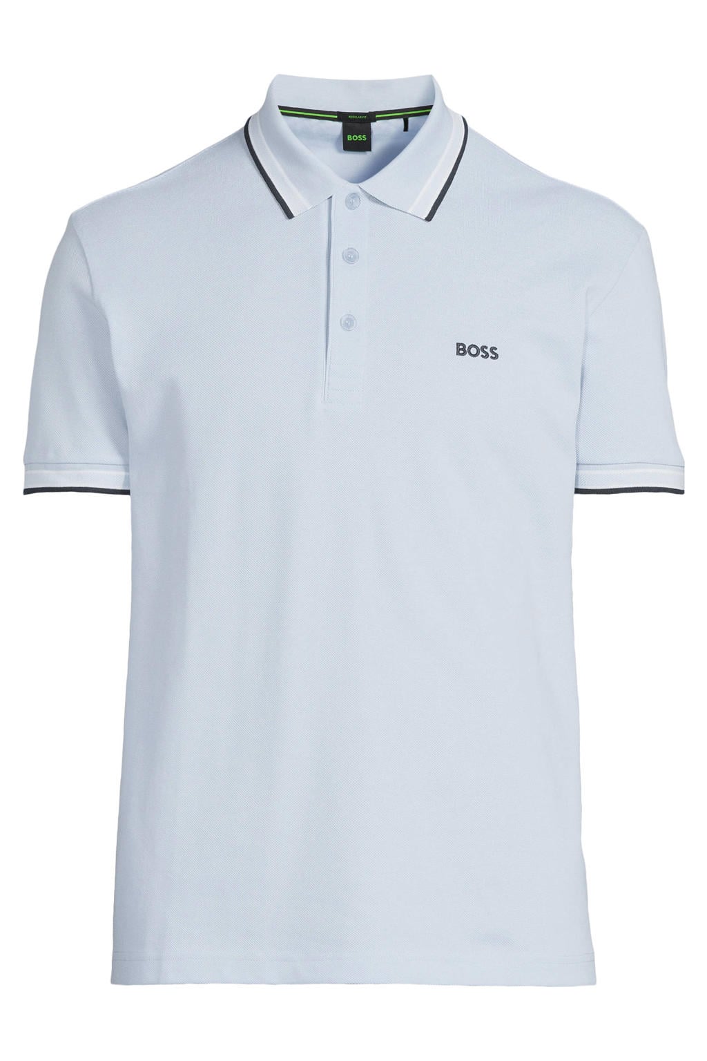 Lichtblauwe heren BOSS regular polo van katoen met effen, korte mouwen, knoopsluiting en pique