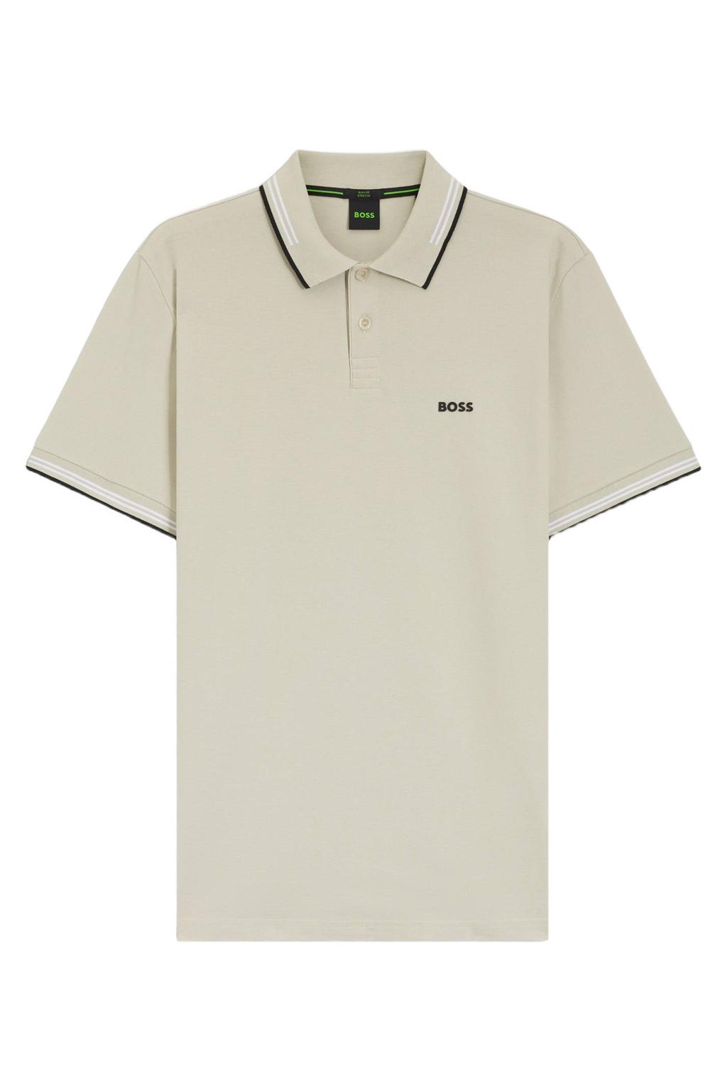 Beige heren BOSS slim polo van katoen met logo dessin, korte mouwen en pique