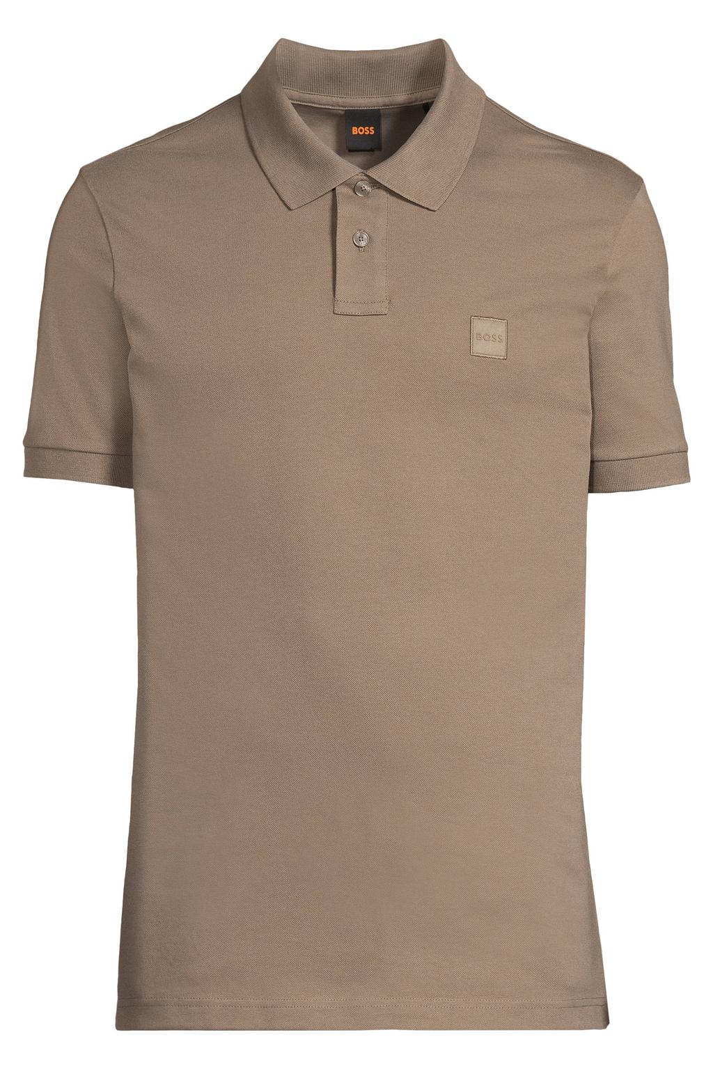 Lichtbruine heren BOSS slim polo van katoen met effen, korte mouwen en pique