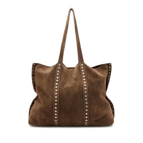 Manfield suede shopper met studs bruin afbeelding