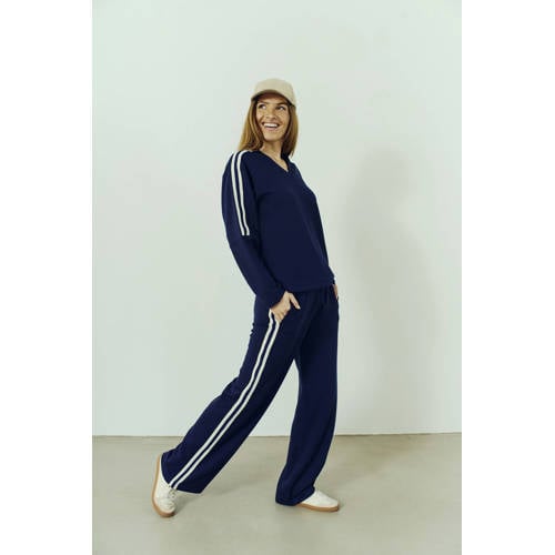 FREEQUENT Wide leg regular waist gestreepte casual broek marineblauw afbeelding