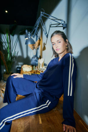 Wide leg regular waist gestreepte casual broek marineblauw