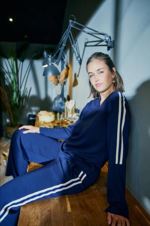 Wide leg regular waist gestreepte casual broek marineblauw
